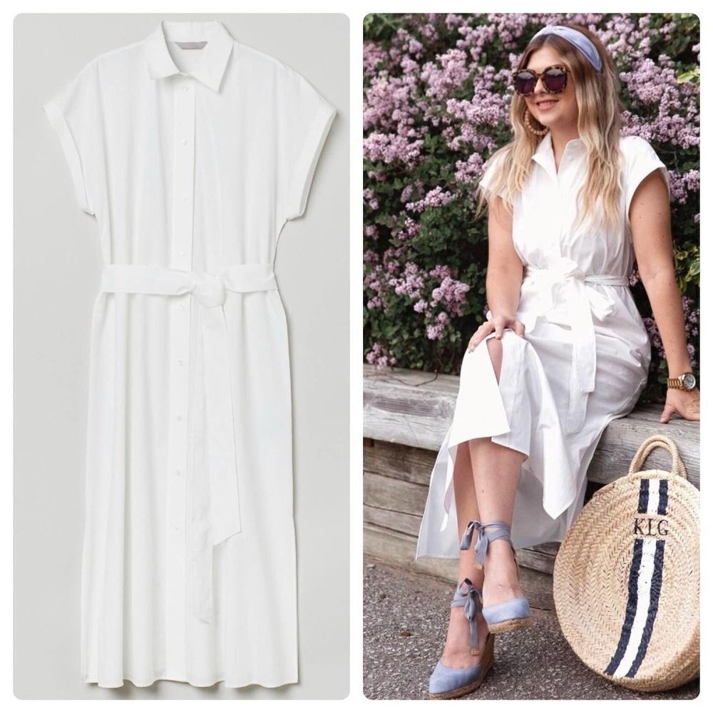 H&M White Shirt Cotton Dress Belted New - Picture 3 of 7